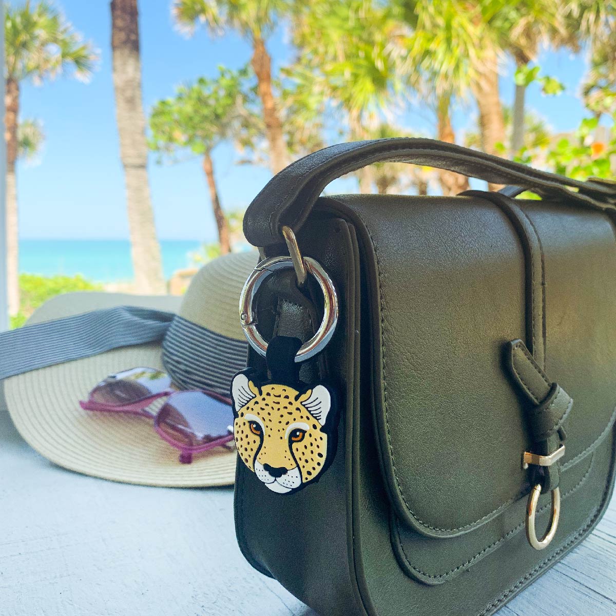 Wild Cat mini, the limited-edition Bagnet magnetic purse holder, clipped to a black leather purse, sitting on a deck with the blue coastline in the distance