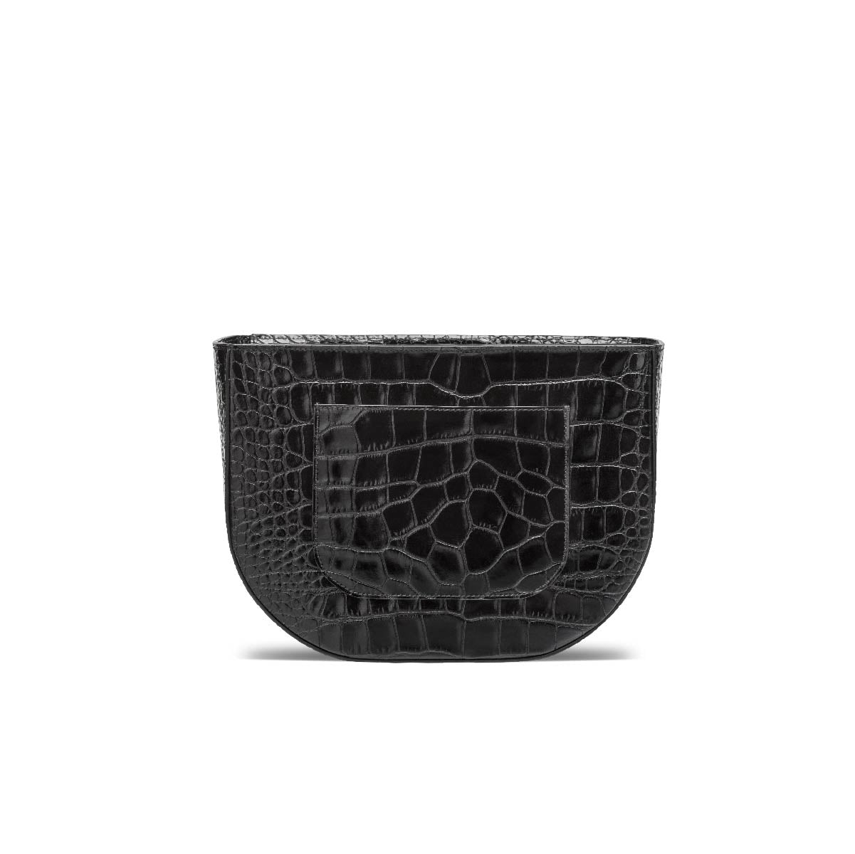 The Crossbody Bag in Black, with exterior pocket, back view.