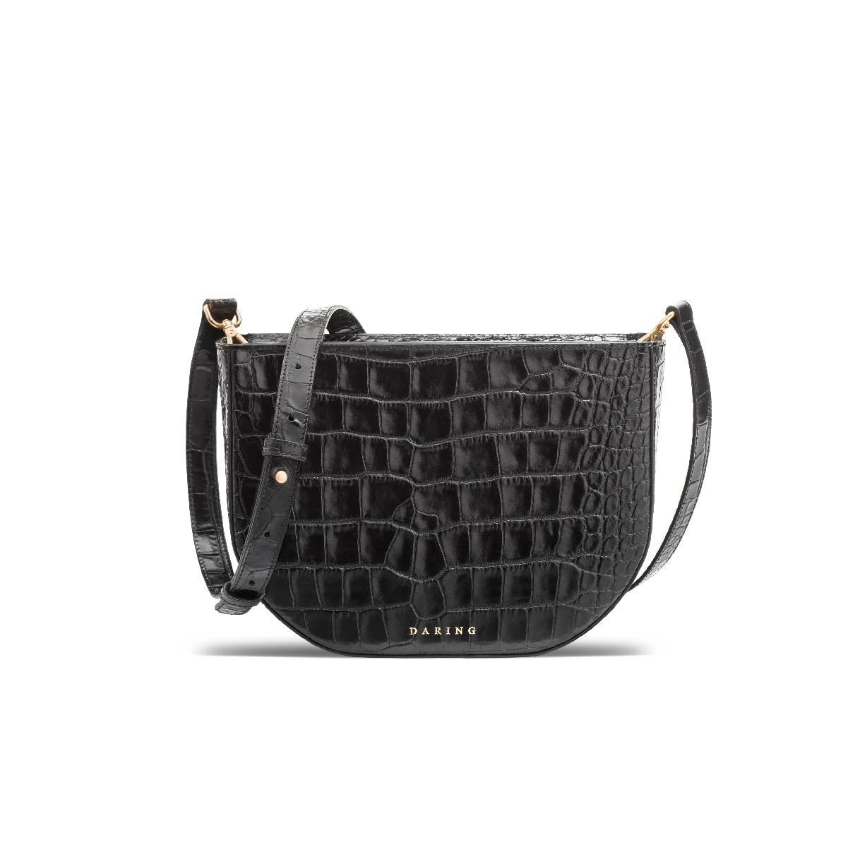 The Crossbody Bag in Black, with adjustable strap, front view.