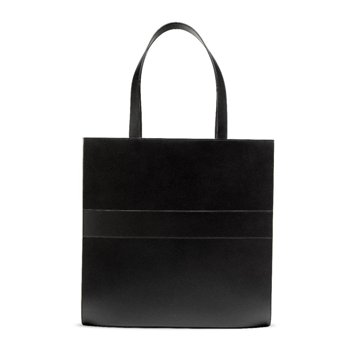 The Tote in Black + Cream, with top handles, back view.